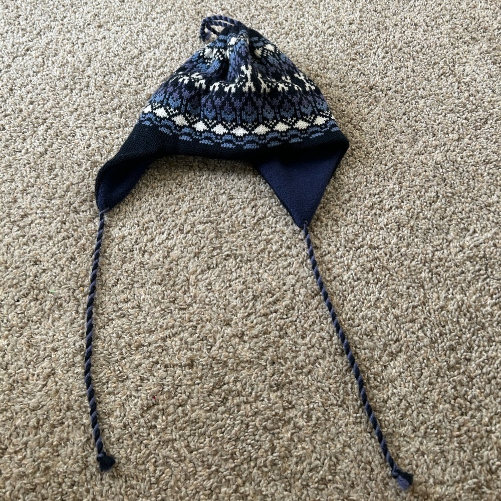 Lana @ Cotone Wool & Cotton Navy Blue Knit Earflap Beanie Nordic Pattern Winter